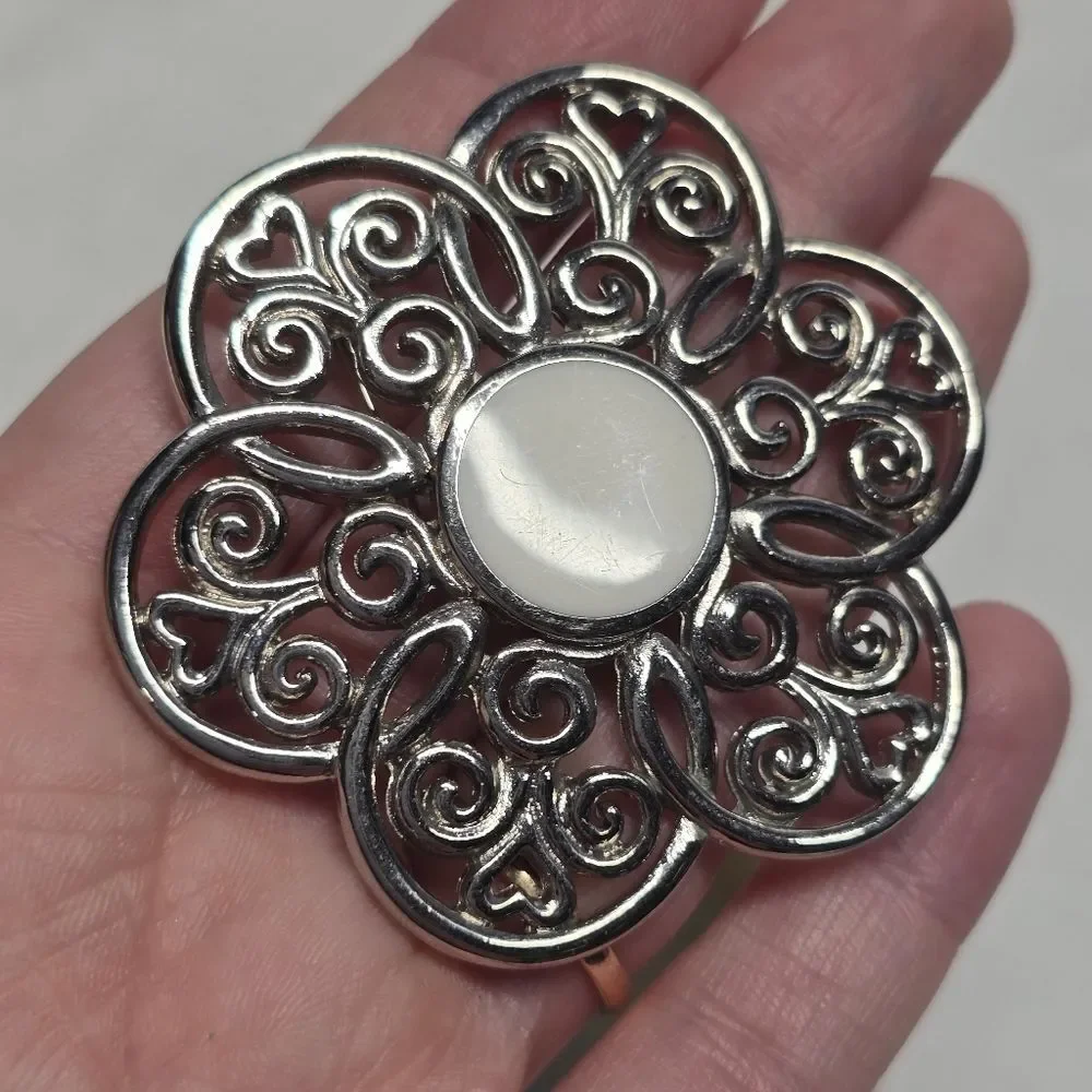 Vintage TRIFARI Filigree Silver Tone Metal  Flower Brooch Floral Boho Art Deco